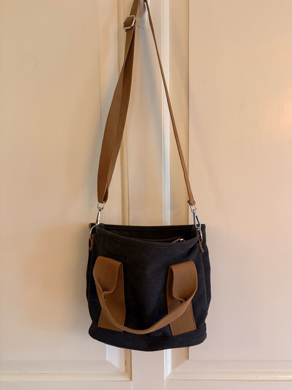 Charcoal Grey Canvas Mini Tote Bag / Crossbody with Tan Straps